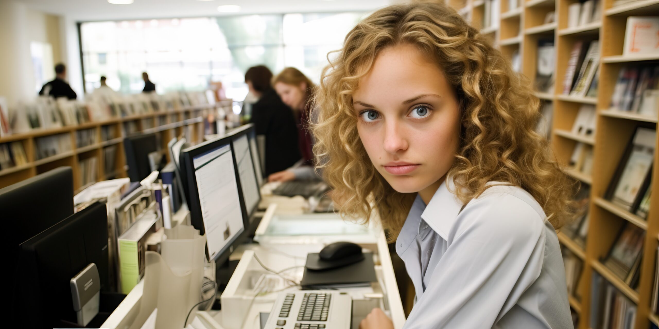 Studentka UJ w uniwersysteckej bibliotece na laptopie z platformą USOS UJ